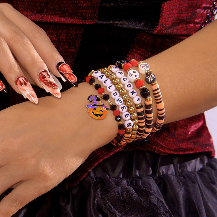 Wholesale All-match mixed color rice bead hand-dressed  pumpkin ghost bat soft ceramic crystal bracelet stacking set