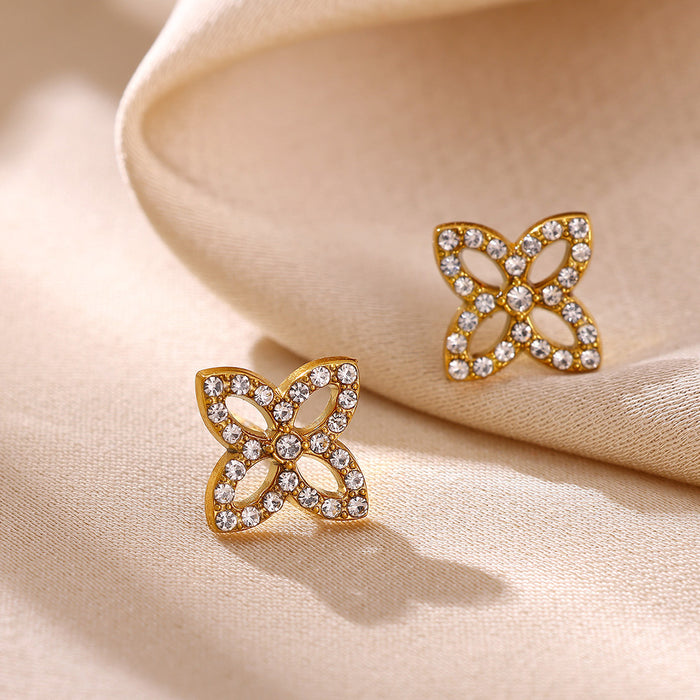 Wholesale Four-Leaf Clover Rhinestone Jewelry Set Stainless Steel Earring Necklace Ring Set