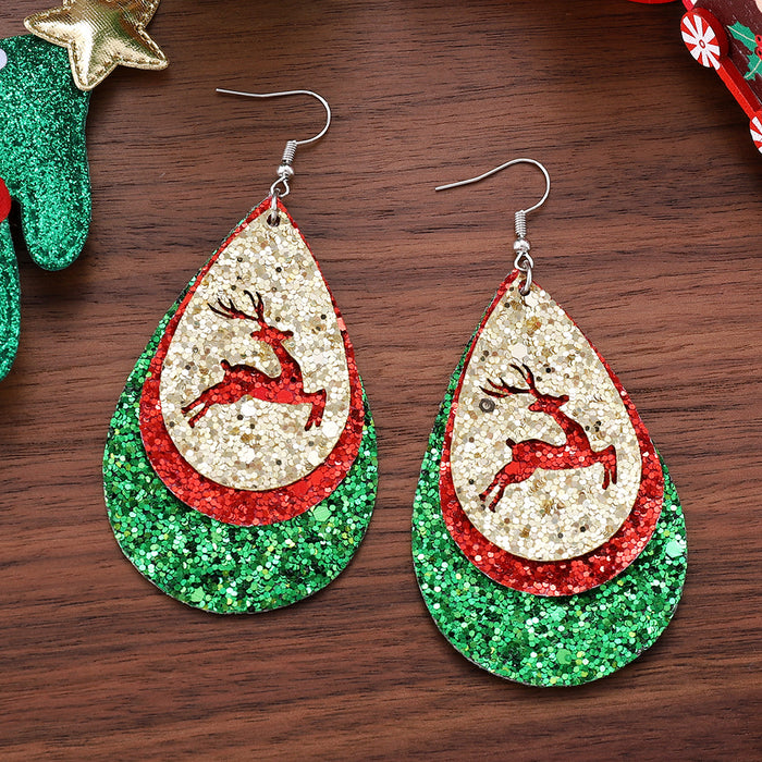 Wholesale Leather Christmas Elk Drop Earrings Hollow Design Jewelry Accessory