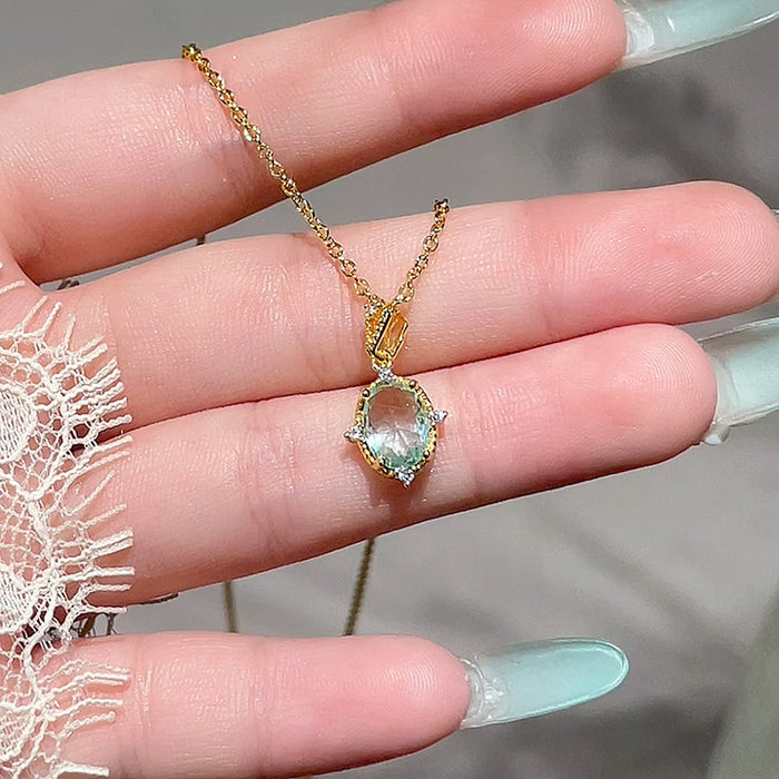 Wholesale Super sparkling zircon geometric necklace accessory, light luxury, simple and high-end pendant, niche blue oval collarbone chain