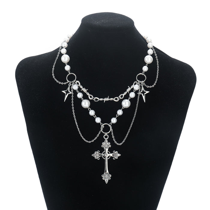 Wholesale Niche high-end design double-layer high gloss pearl cross necklace versatile