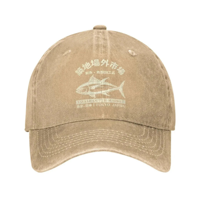 Wholesale Retro Japanese Tuna Print Washed Baseball Cap Adjustable Summer Sun Hat For Resale