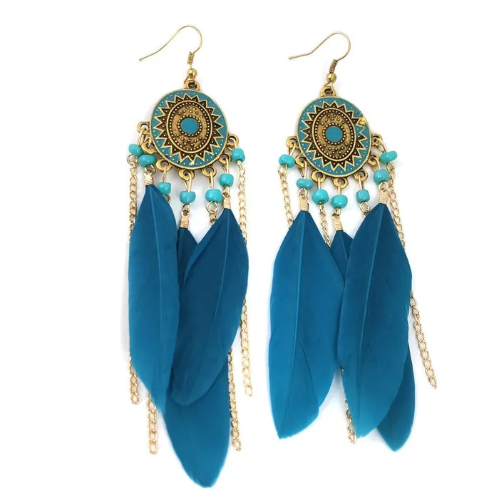 Wholesale Vintage earrings, fashionable feather chain tassel earrings, long style