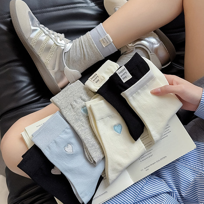 Wholesale Socks, cotton socks, mid tube socks, heart-shaped embroidered pile socks, double ribbed spliced long socks, anti odor boneless cotton socks