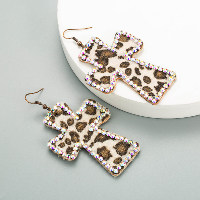 Wholesale Cross-print leather leopard print Statement Earrings