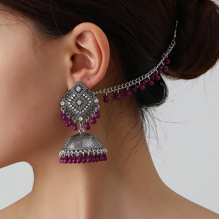 Wholesale vintage ethnic style rhinestone bell tassel earrings and hair chain set
