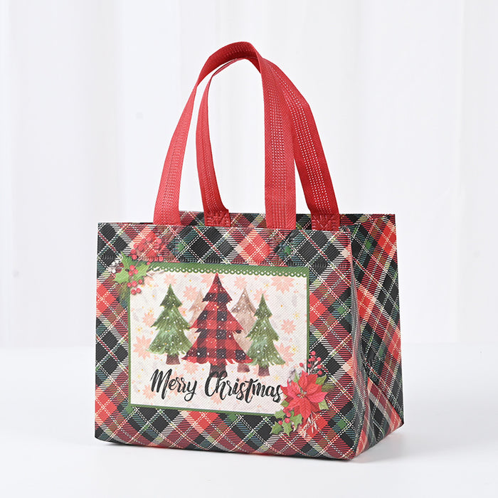 Wholesale Red Plaid Christmas Tote Gift Bag Cartoon Printed Non-woven Foldable Christmas Gift Bag JDC-GB-XJ007