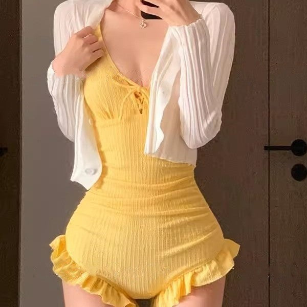 Wholesale New one-piece swimsuit, conservative swimsuit, long sleeved hoodie, hot spring