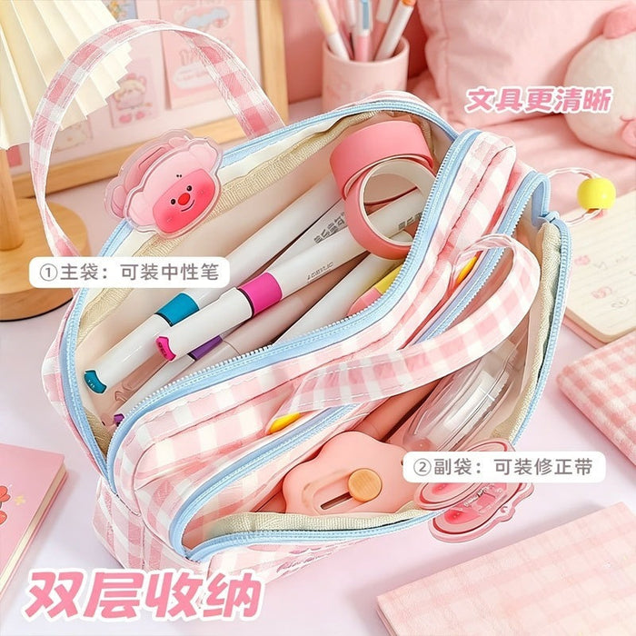 Wholesale Fabric Pencil Case Trendy Pink Plaid Face For School Girls