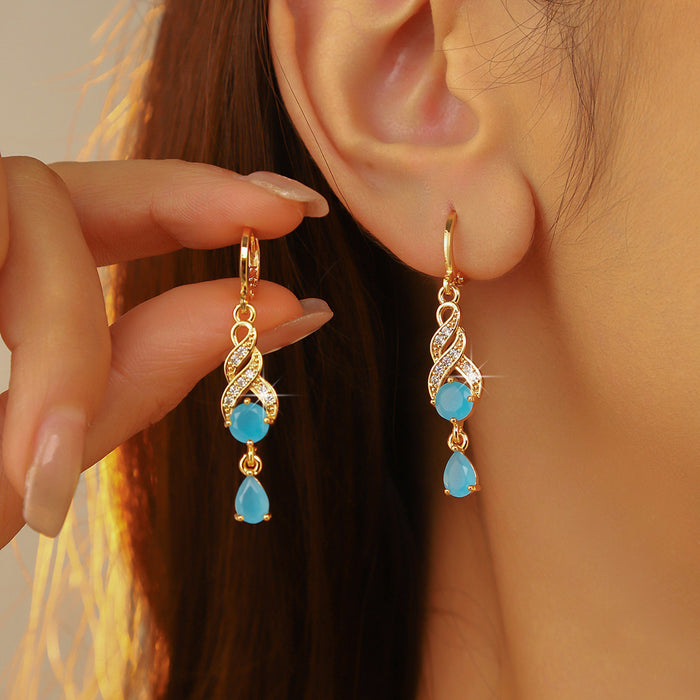 Wholesale High end luxury long sapphire ear buckle, fashionable zircon inlaid earrings, copper ear accessories