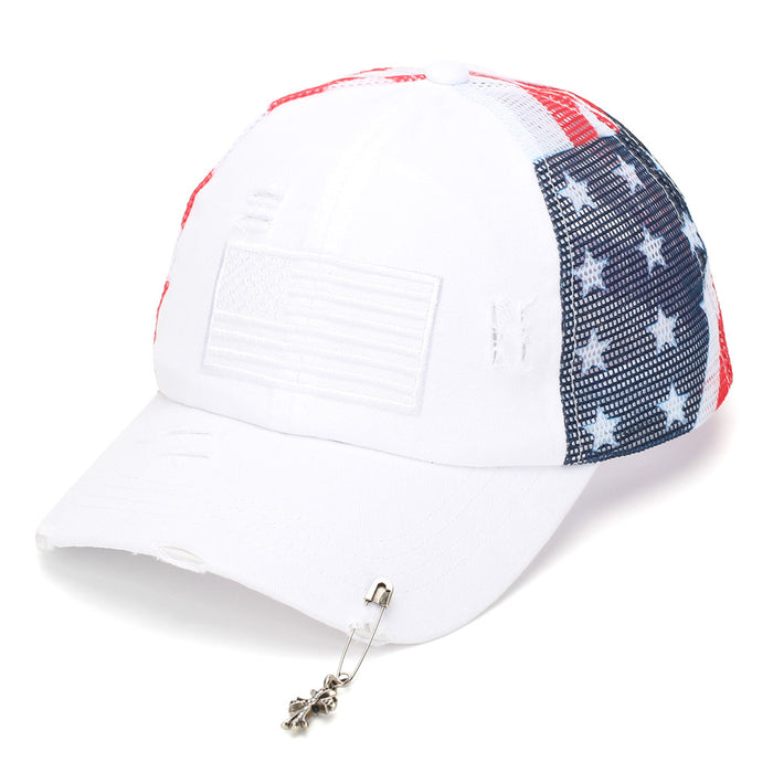 Wholesale Retro American Flag Trucker Cap with Cross Pendant,  Stylish Baseball Hat for Summer