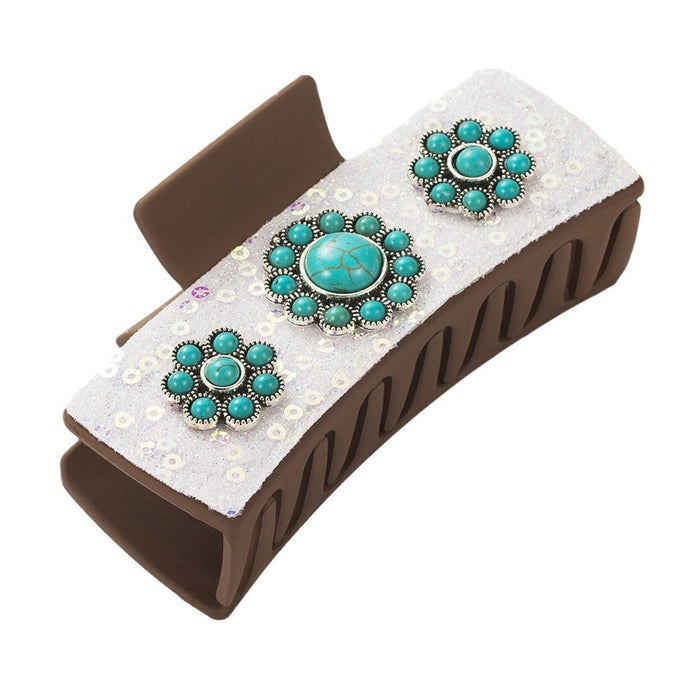 Wholesale Ancient Silver Alloy Turquoise Accessories Western Style Clip Retro Leopard Print Sequin Leather Fashion Back Head Clip