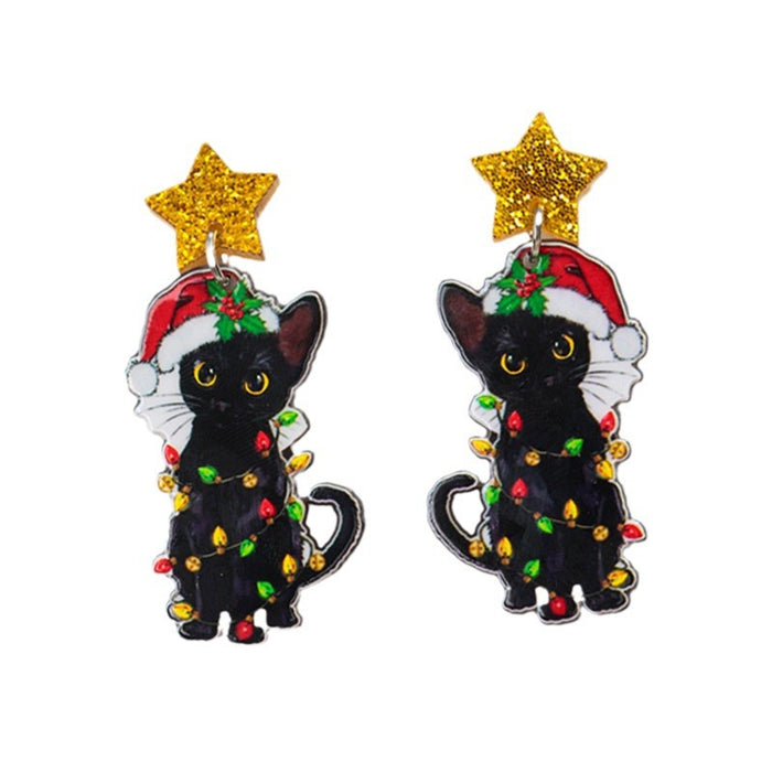 Wholesale Christmas changeable cat earrings acrylic holiday cute Christmas bell black cat earrings