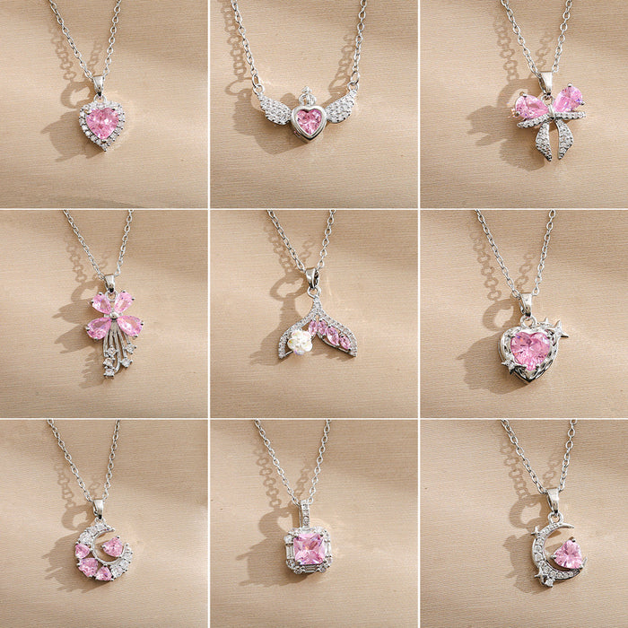 Wholesale Pink zircon silver titanium steel necklace