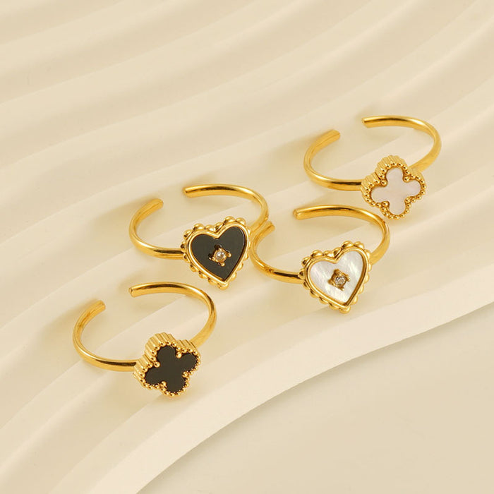 Wholesale Four-leaf clover titanium steel heart-shaped adjustable ring