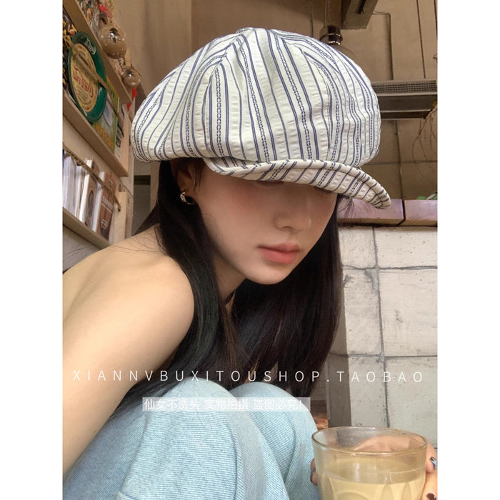 Wholesale Vintage striped thin octagonal beret with new wide brim