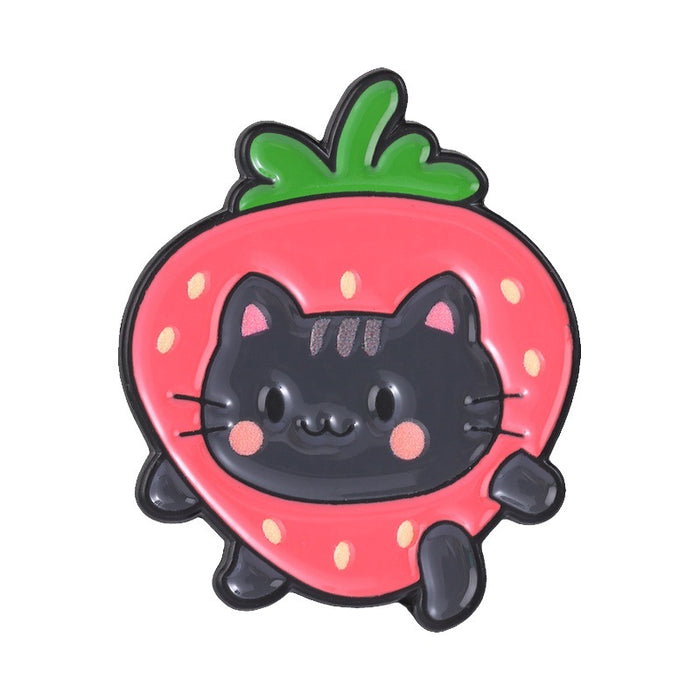 Wholesale Zinc Alloy Enamel Brooch Pin Three Color Cute Strawberry Cat Design For Backpack School Bag Stylish Jewelry Accessory