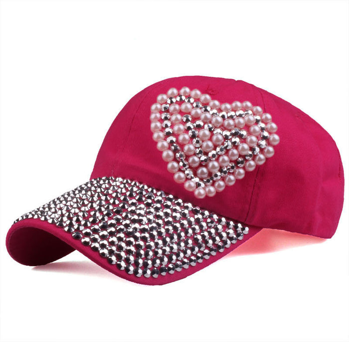 Wholesale Full-brimmed rhinestone baseball cap with heart-shaped rhinestone pattern