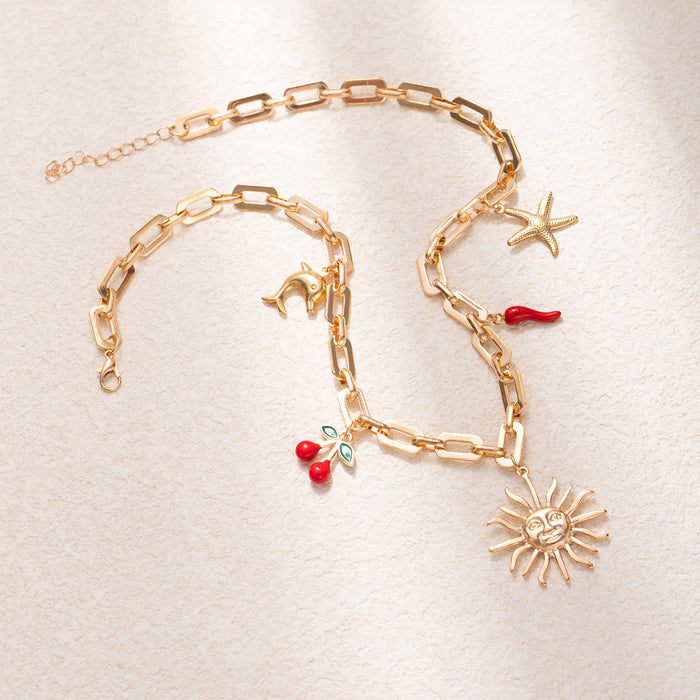 Wholesale Retro Sun Necklace Pendant, niche design, drip oil jewelry