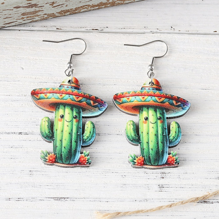 Wholesale Mexico Fifth Festival of the Dead Straw Hat Funny Cactus Pendant Earrings Wooden Double-sided Earrings