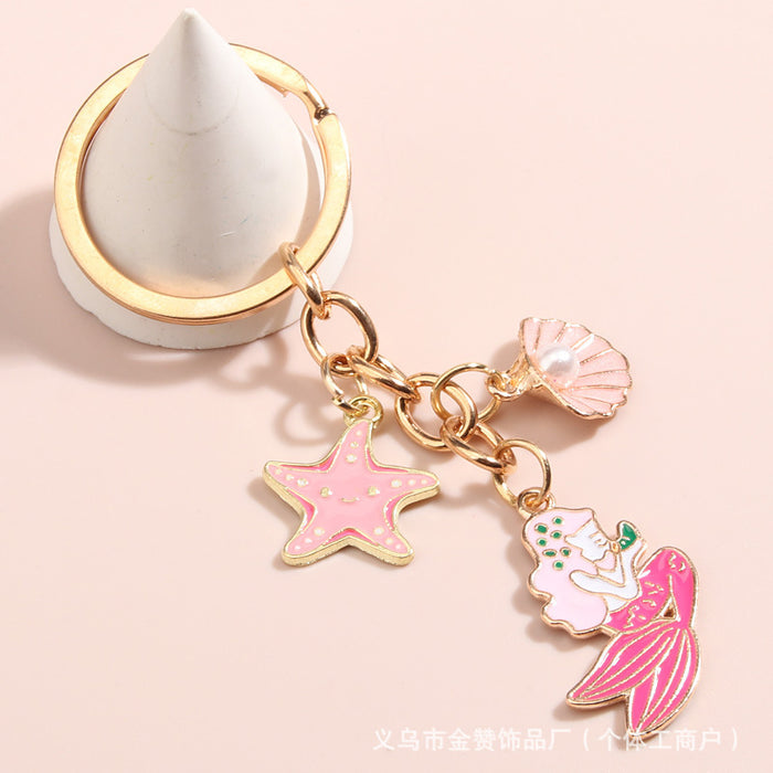 Wholesale Ocean shell keychain alloy oil drop pearl starfish pendant girls bag car ornaments small gift