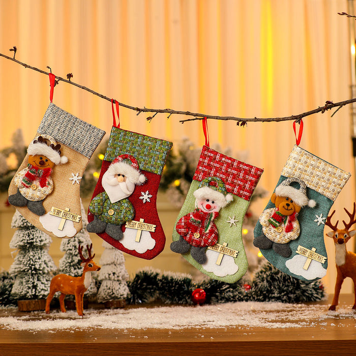 Wholesale Cross-Border New Small Linen Christmas Socks Wooden Sign Cartoon Christmas Socks Candy Bag Gift Bag Small Pendant
