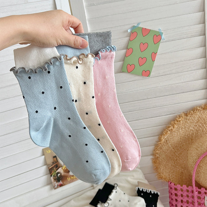 Wholesale Sweet and fashionable rolled edge polka dot combed cotton pile socks