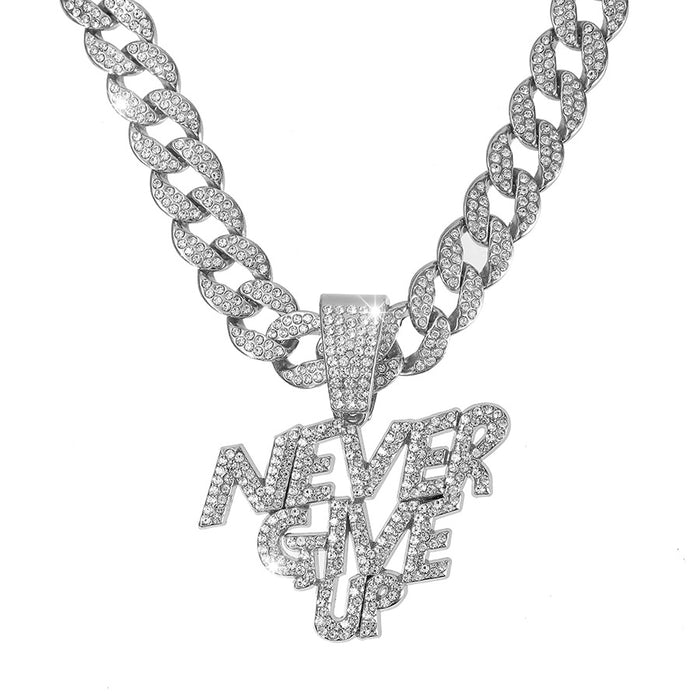 Wholesale Alloy Letter NEVERGIVEUP Punk Style Pendant Full Diamond Super Men's Cuban Chain