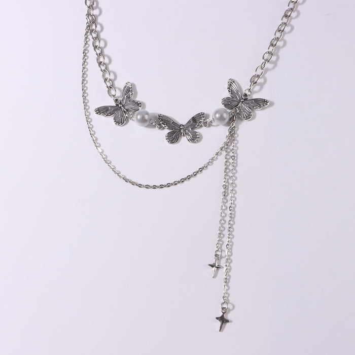 Wholesale Luminous Pearl Three Butterfly Double Layer Tassel Alloy Necklace JDC-NE-ZuoW006