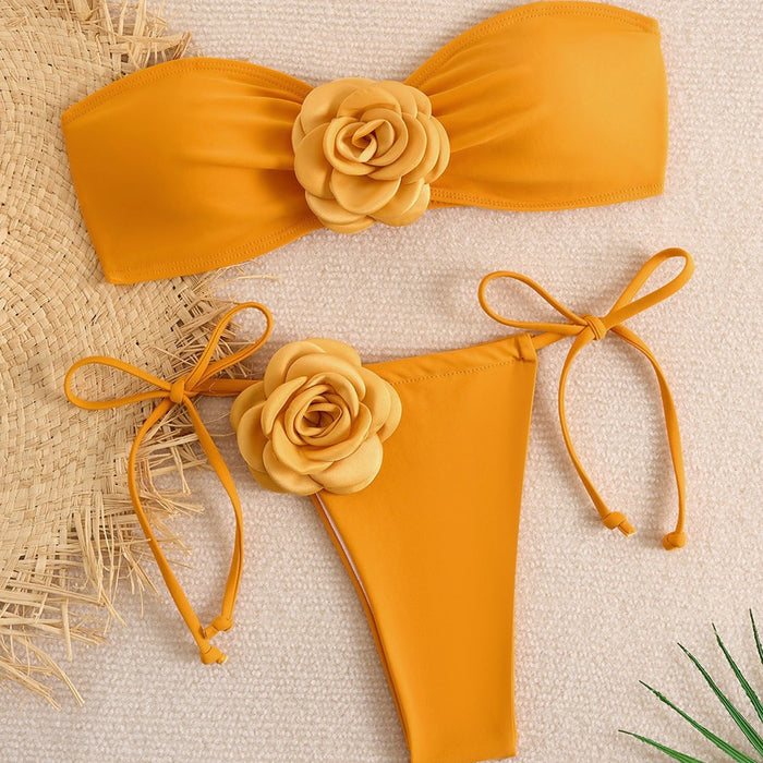 Wholesale Solid color split swimsuit for women, three-dimensional flower swimsuit