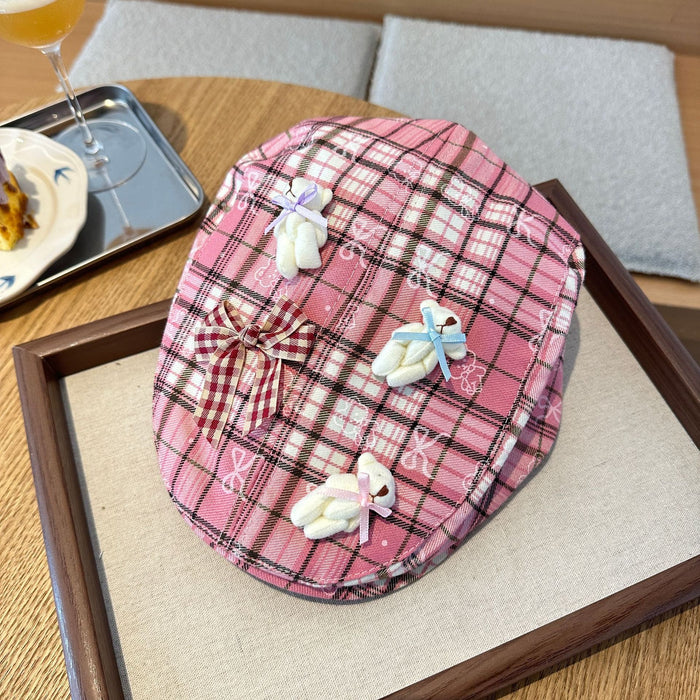 Wholesale Grid forward hat niche design cartoon bow plaid beret
