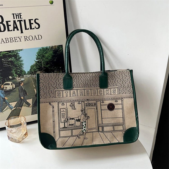 Wholesale Trendy Cartoon Print Cotton Linen Zipper Tote Bag Fashion Accessory Gift