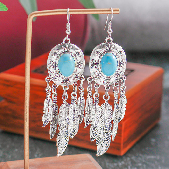 Wholesale Bohemian style turquoise tassel and feather earrings