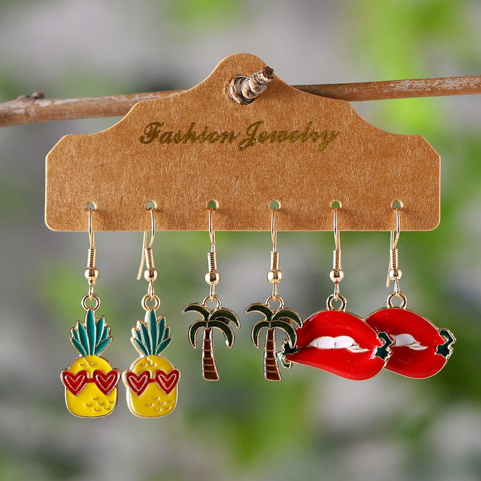 Wholesale Tropical Pineapple Palm Tree Red Lips Drop Oil Earring Set Fashion Accessory Party Gift