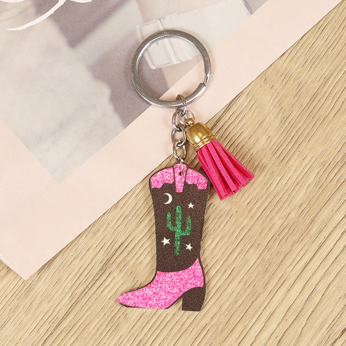 Wholesale Keychain Retro Western Distressed Cowboy Boots Cactus Cowboy Butterfly Pink Tassel