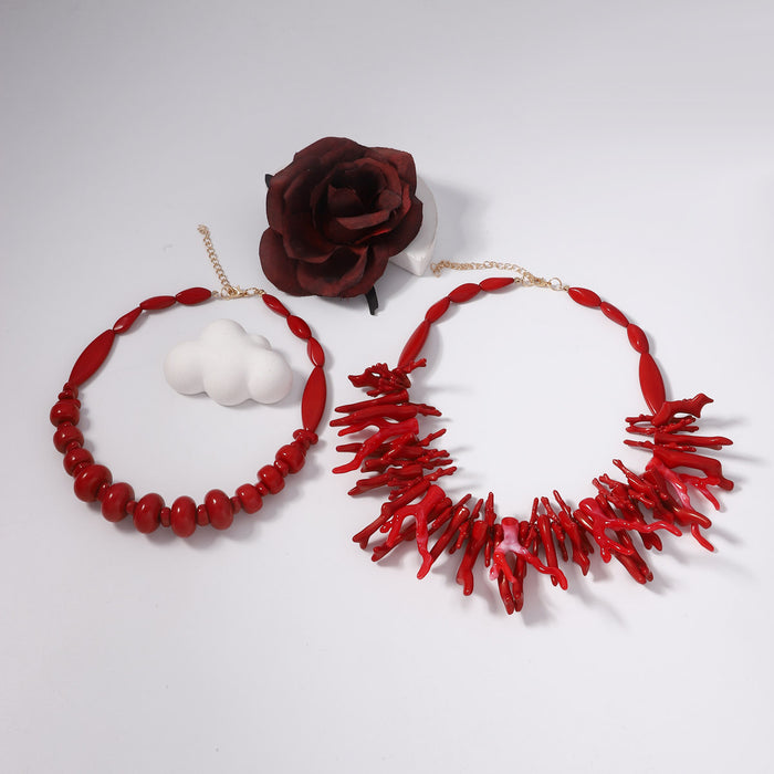 Wholesale Bohemian necklace Red Coral Irregular Geometry Two-piece Necklace