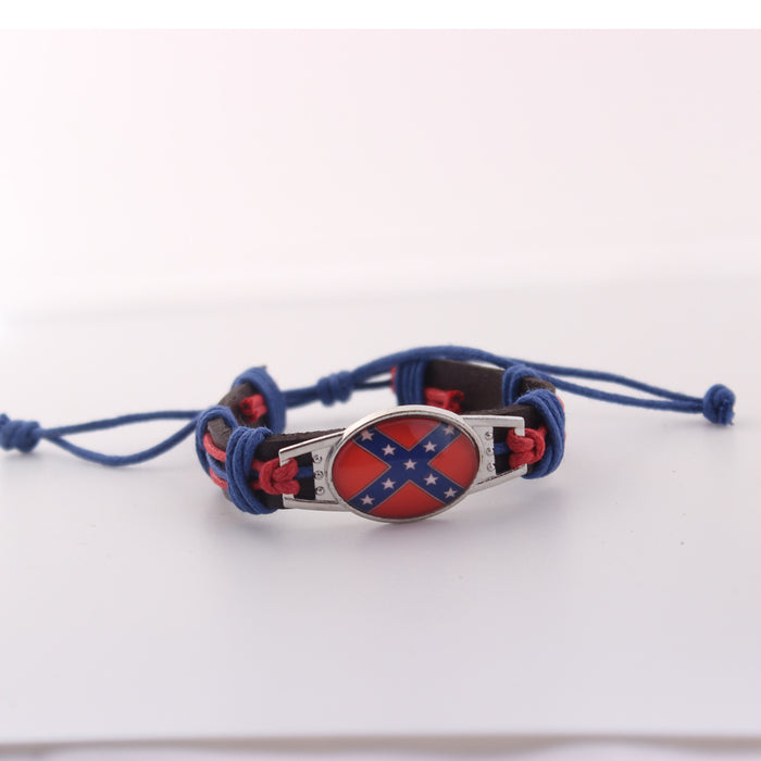 Wholesale Flag genuine leather woven bracelet with adjustable DIY zinc alloy red, white, and blue bracelet
