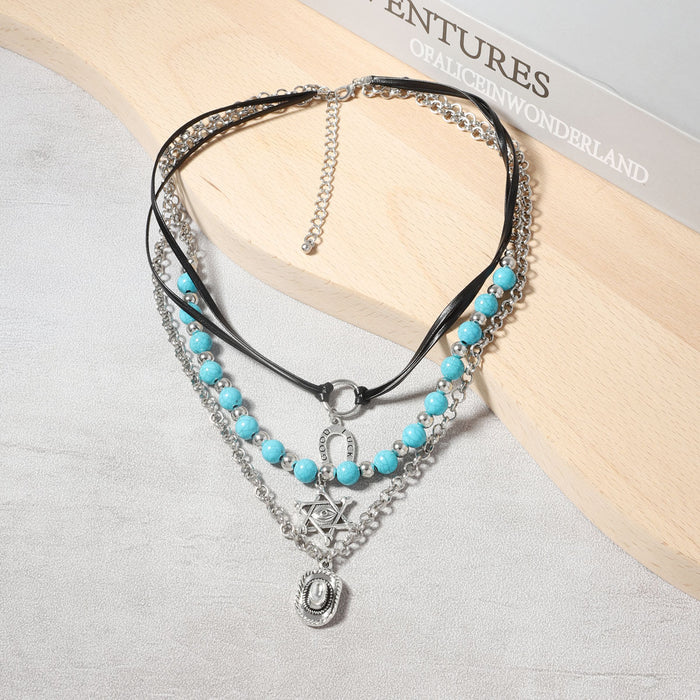 Wholesale Turquoise Beaded Alloy Pendant Multi-layer Necklace Bracelet suit