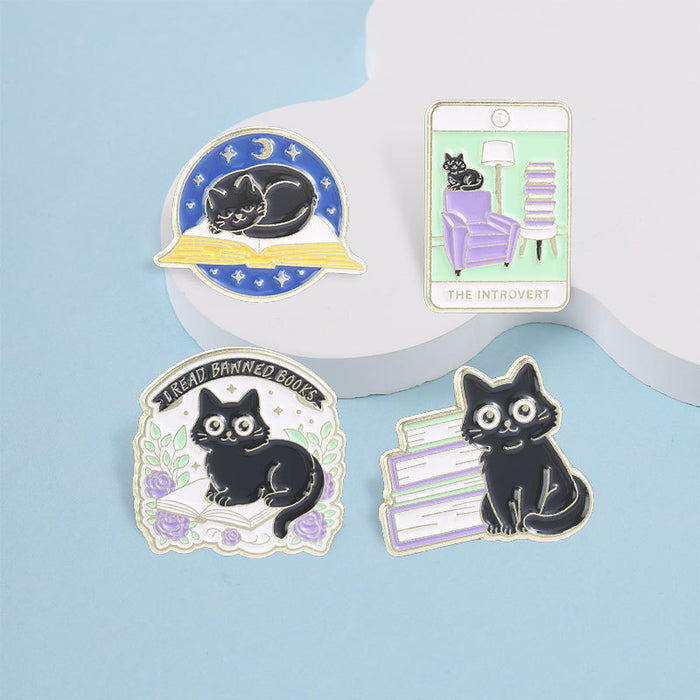 Wholesale Black Cat Reading Brooch Zinc Alloy Enamel Pin For Book Lovers Chic Fashion Accessory