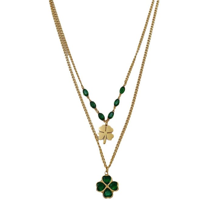 Wholesale Titanium Steel Green Zircon Flower Double Layer Lucky Clover Necklaces JDC-NE-Yiran010