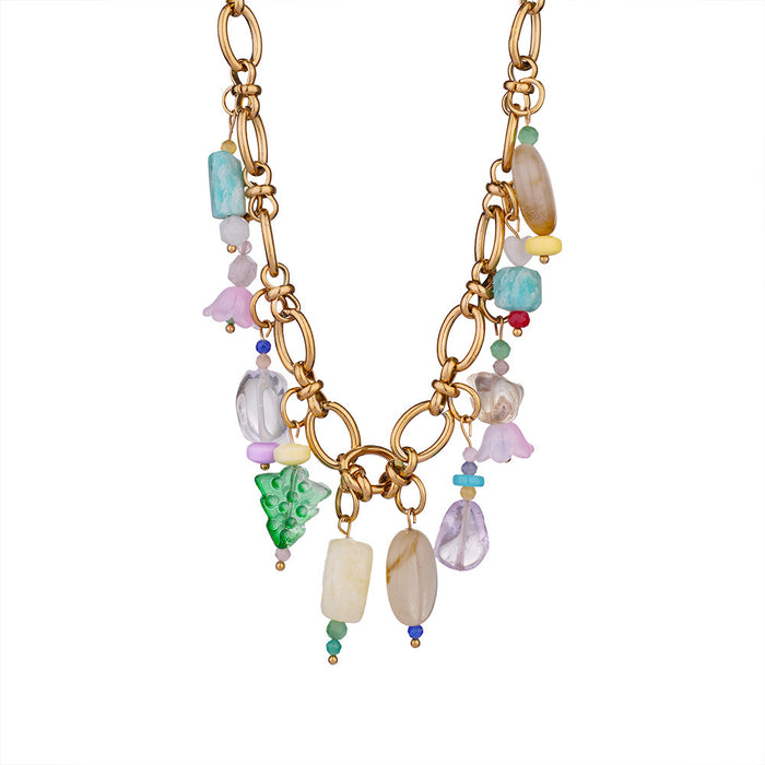 Wholesale Fashionable and personalized bead necklace made of stainless steel paired with natural stone pendant, original design, elegant women's accessories