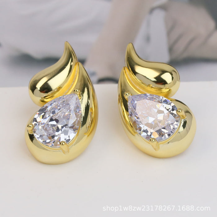 Wholesale 2PCS 18K Gold Brass Large Zircon Water Drop Earrings JDC-ES-BaiYi019