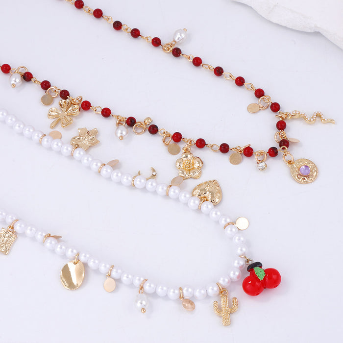 Wholesale Imitation Pearl Glass Double Layer Stacked Alloy Flowers Necklace Women