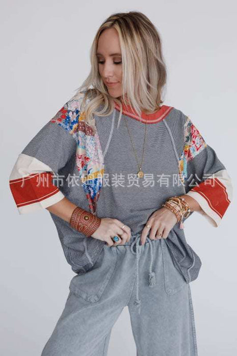 Wholesale Women's Color Matching Printed Tops Three Quarter Sleeve Sweatshirt JDC-CTS-YiMu012