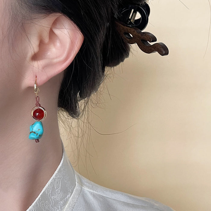 Wholesale Synthetic turquoise earrings with retro personality, ear hooks, personalized and niche earrings