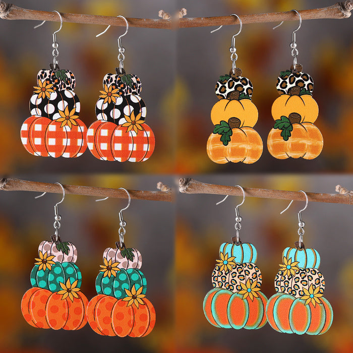 Wholesale Thanksgiving Autumn Harvest Polka Dot Plaid Pumpkin Flower Pendant Earrings Wooden Double-Sided Earrings