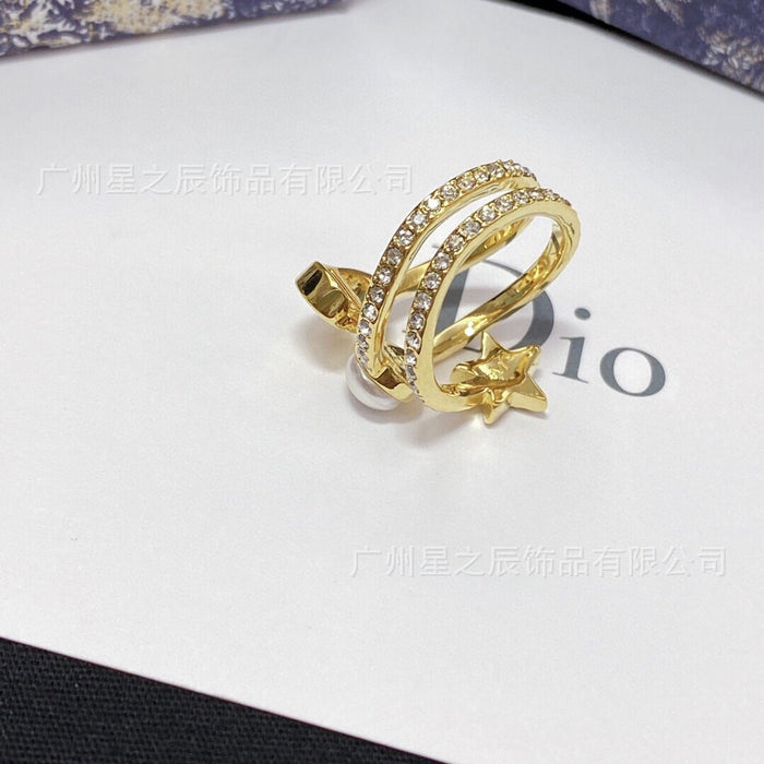 Wholesale Three ring large pearl ring, women's full diamond surround ring