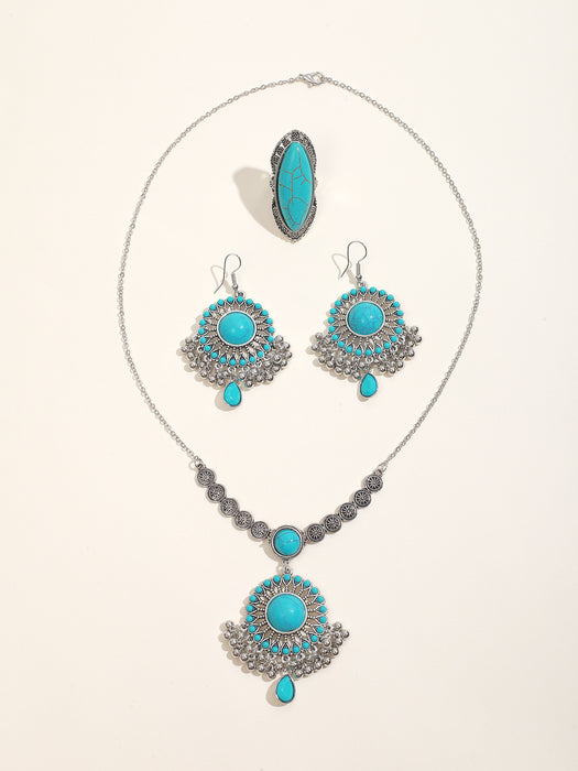 Wholesale Turquoise Necklace Set with Earrings Plant Flower Pattern Layering Jewelry MOQ≥3