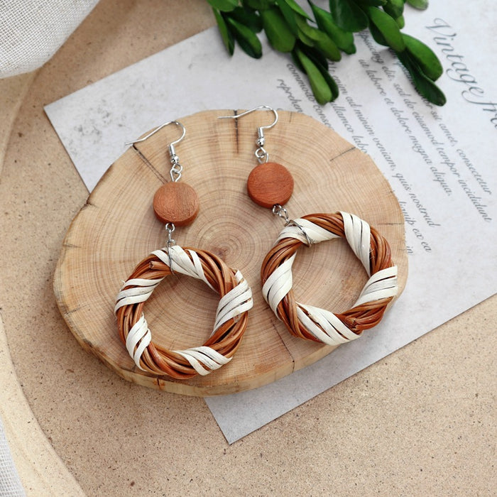 Wholesale Rattan Woven Ethnic Style Wooden Earrings JDC-ES-Luox010