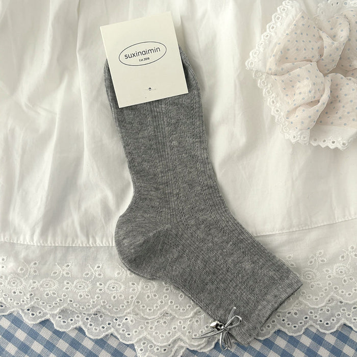 Wholesale Love Silver Wire Bow Middle Socks Breathable Hollow Short Socks
